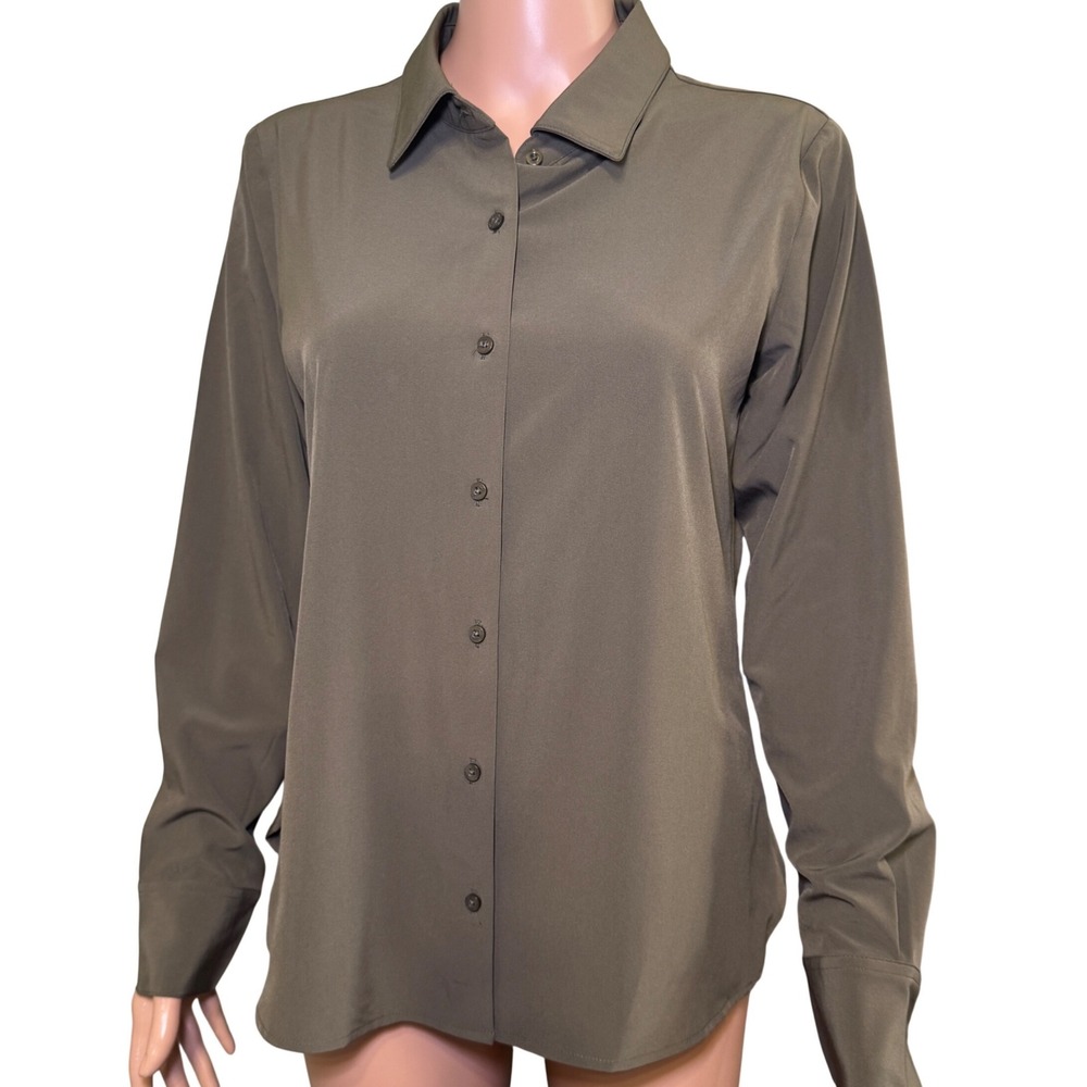 Calvin Klein Womens Olive Green Button Down Shirt Stretch Long Sleeve Size M NWT